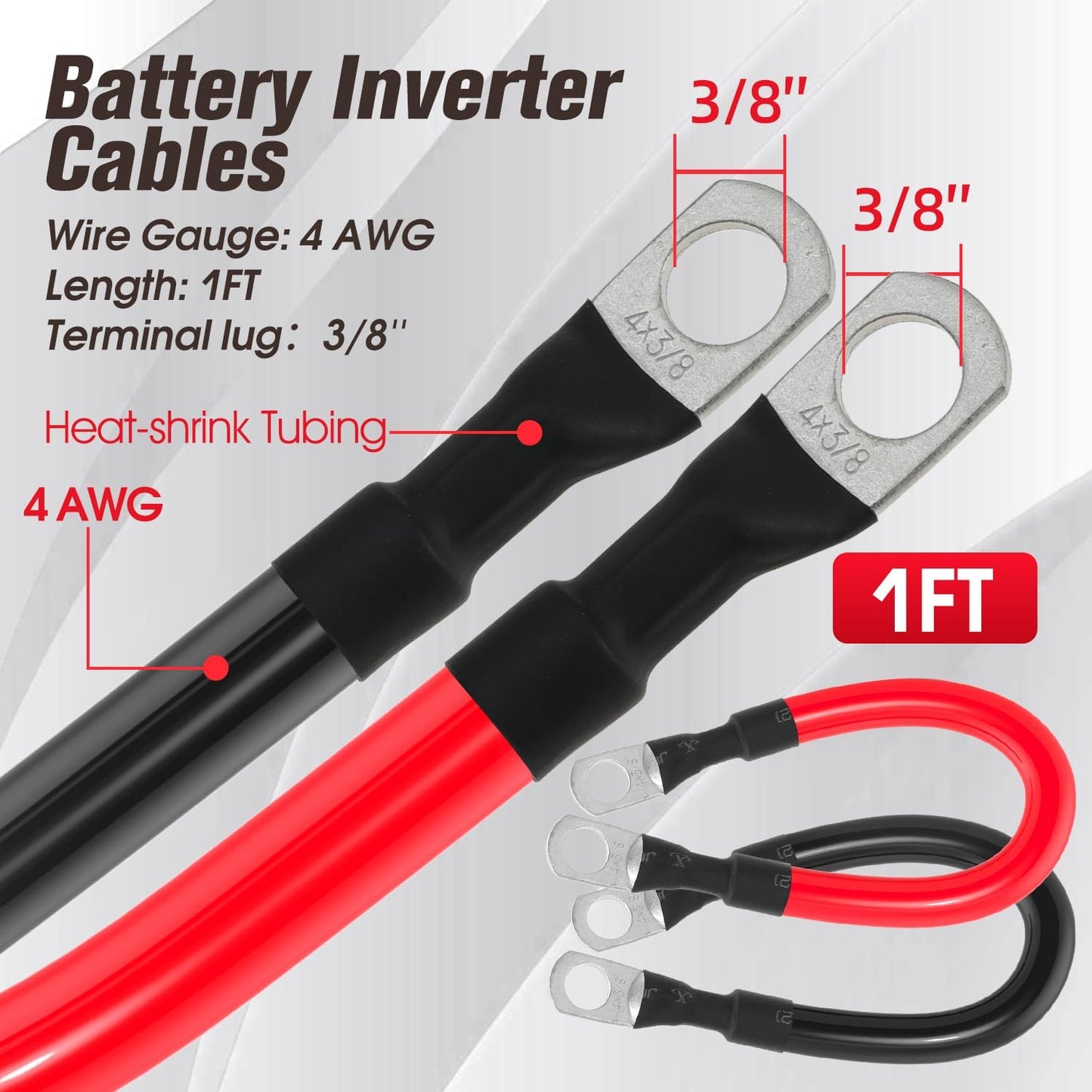 4 AWG Battery Cable 4AWG Gauge Battery Inverter Cables for Automotive Solar Marine Boat RV Car Motorcycle (4 AWG, 1FT, 3/8")