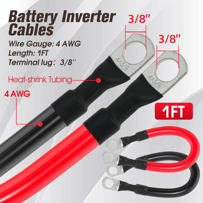 4 AWG Battery Cable 4AWG Gauge Battery Inverter Cables for Automotive Solar Marine Boat RV Car Motorcycle (4 AWG, 1FT, 3/8")