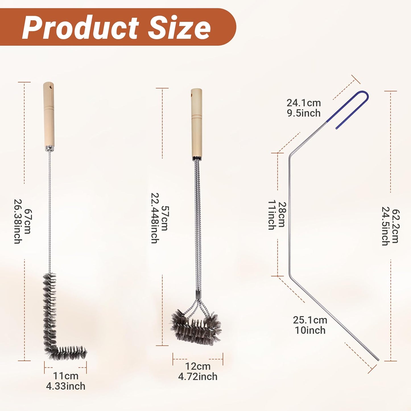 3 PCS Fryer Cleaning Tools, Deep Fryer Stainless Steel L-Shaped Brush, Cleanout Rod, Long Handle Basket Brush for Air Fryers, Deep Fryers