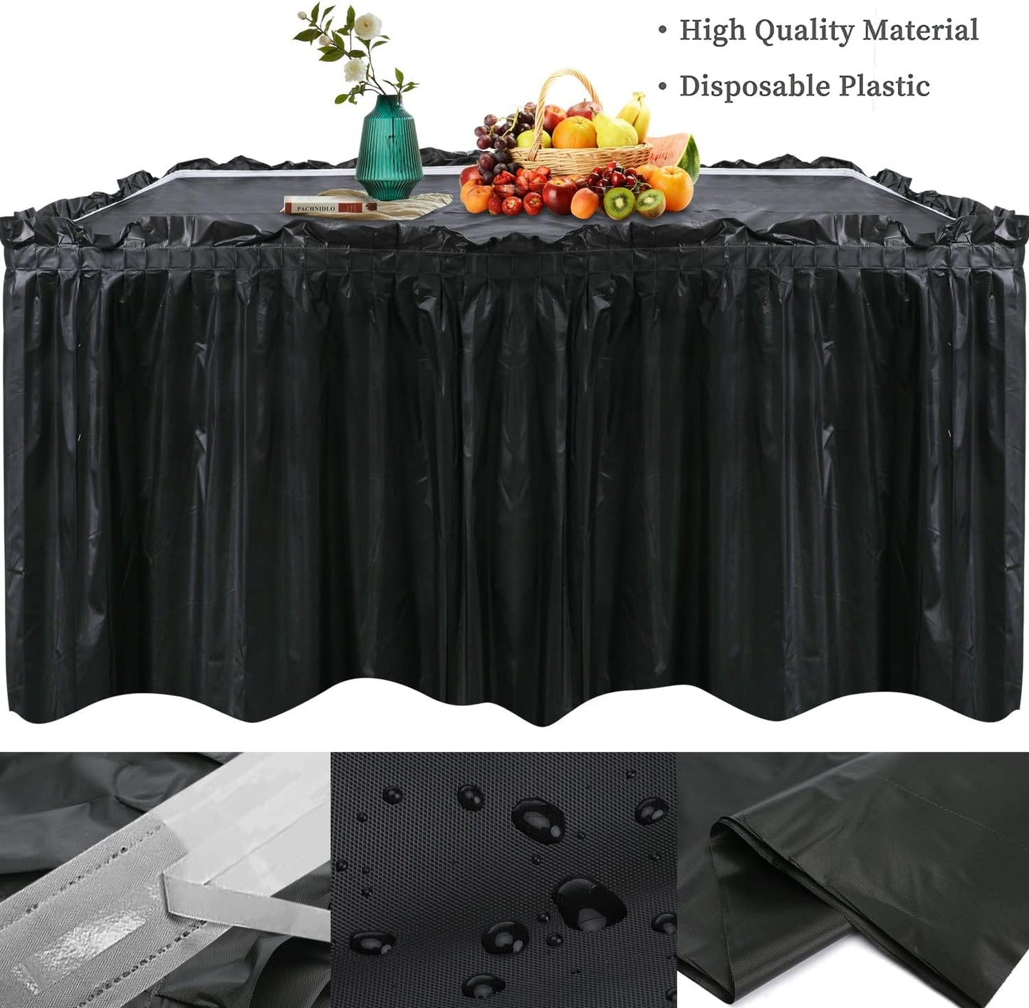 5 Pack Plastic Table Skirts & Cloths for Rectangle Tables, 14 Ft Blue Tableskirts & 54" x 108" Tablecloths - Tablecloth Skirt Covers for Party, Birthday, Baby Shower (Black)