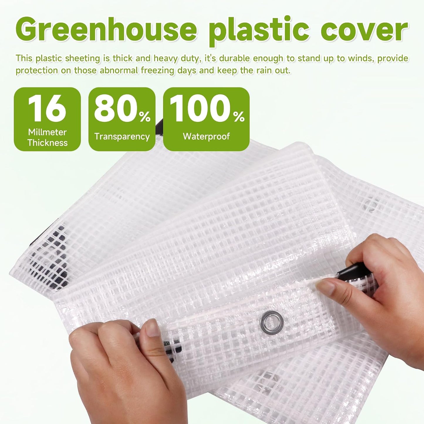 Greenhouse Cover,Clear Greenhouse Plastic Covering, 16Mil Thickness Heavy Duty Clear tarp for Chicken coop,Gardening,Farming, Greenhouse Plastic sheeting with Grommets (White, 10ft*20ft)