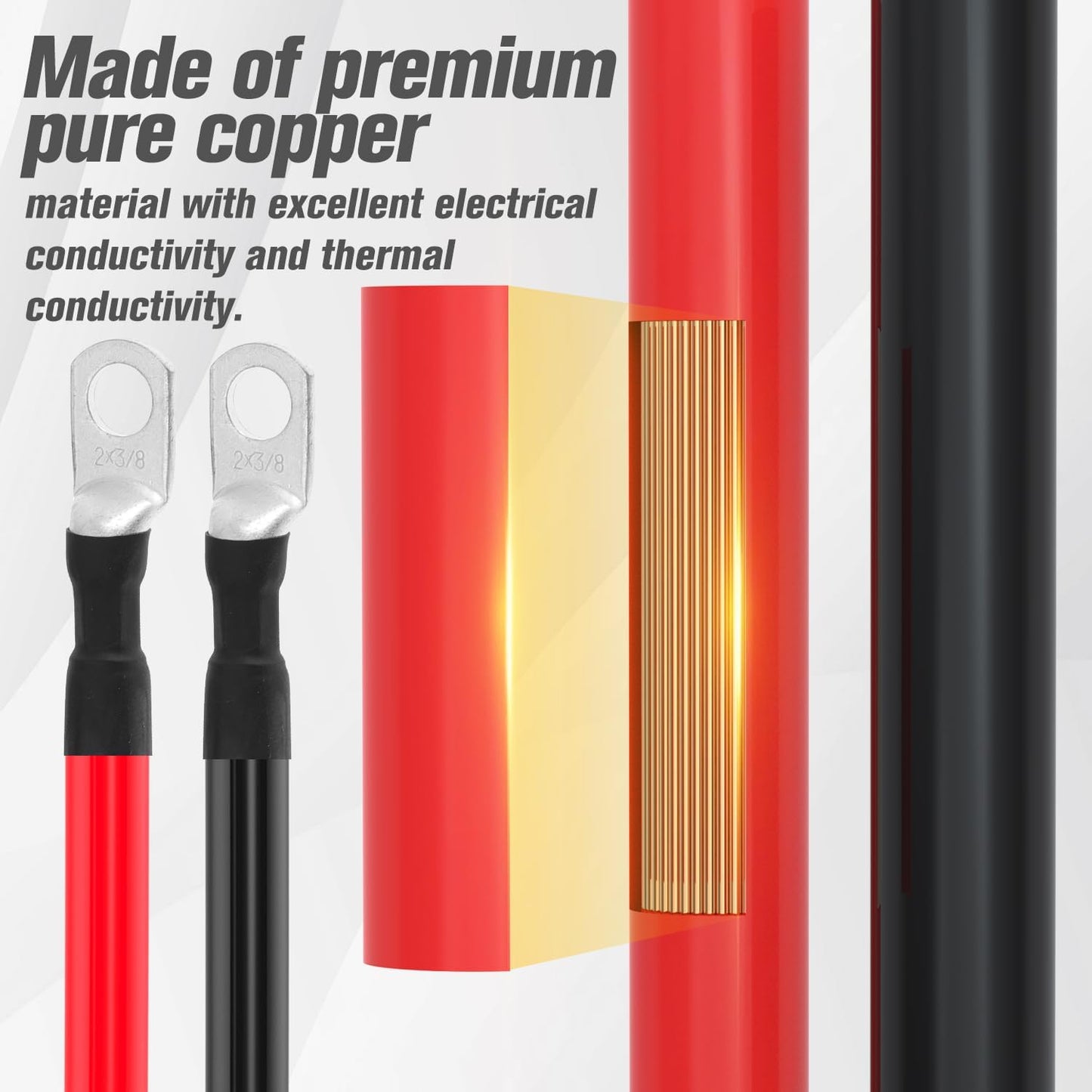 2 AWG Battery Cable 2AWG Gauge Battery Inverter Cables for Automotive Solar Marine Boat RV Car Motorcycle (2 AWG, 2FT, 3/8")