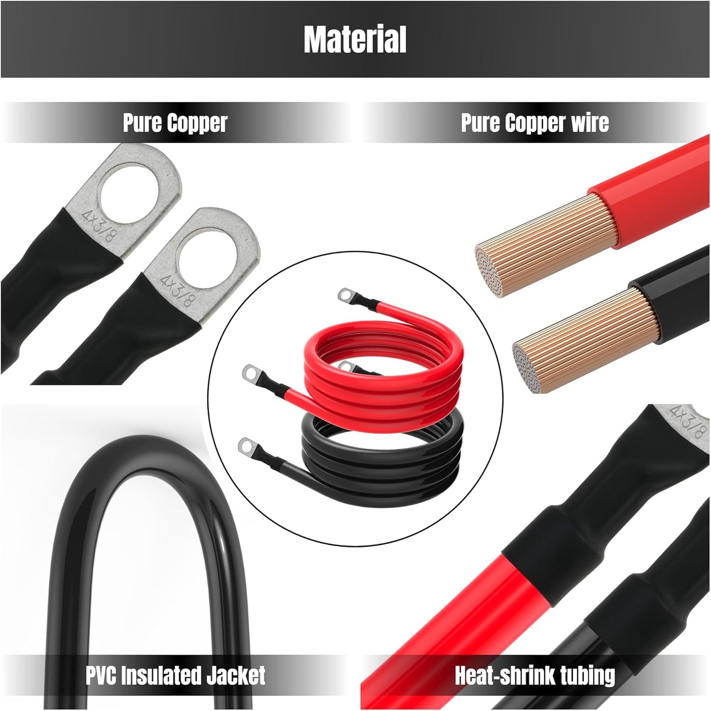 6FT 4 AWG Battery Cable 4 Gauge Battery Cables 4AWG 6 FT Battery Inverter Wires Cables with 3/8 inch Lugs for Solar Power Inverters, RVs, Campers, Travel Trailers, Cars, 2 Pairs