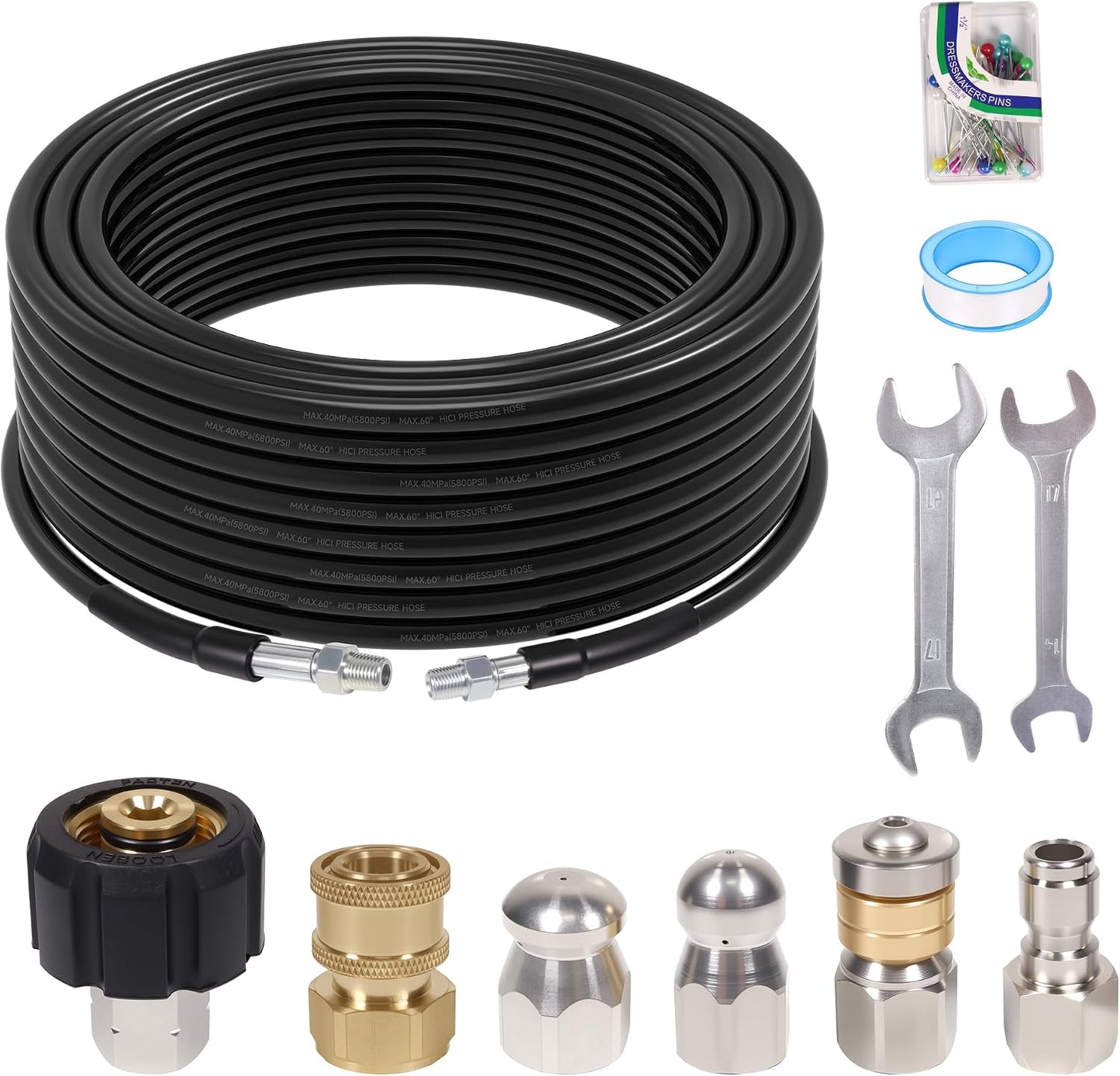 50FT Sewer Jetter Kit for Pressure Washer, 5800PSI, 1/4 Inch NPT Drain Cleaner Hose Sewer Jetting with Rotating Corner Button Nose Nozzle for Pipe Cleaning