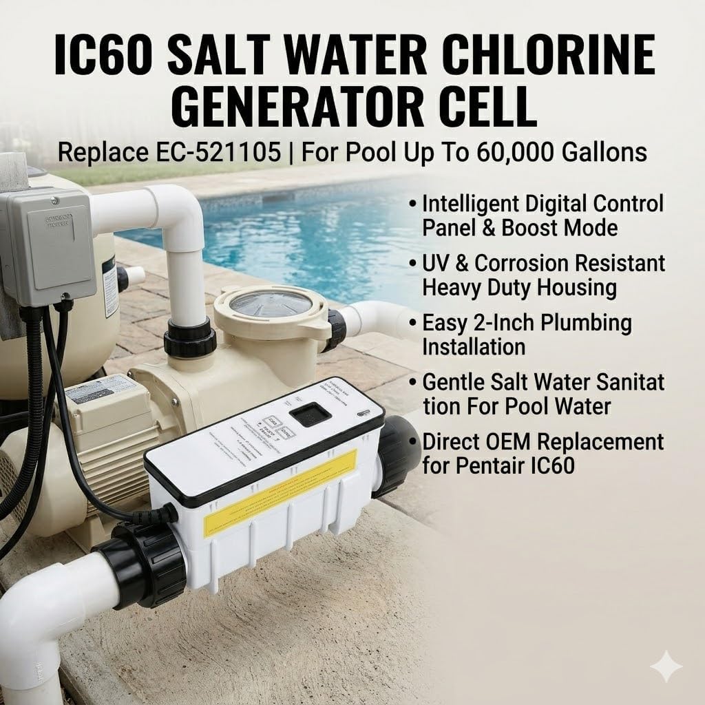 IC60 Salt Cell Saltwater Chlorine Generator Replace EC-521105 521105 Power Center for Pentair IntelliChlor IC60,Salt Chlorinator System for Inground Pools up to 60000 Gallons