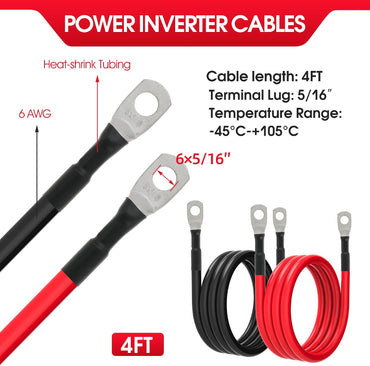 6 AWG Battery Cables 6 Gauge Battery Power Inverter Cable with 5/16 Inch Tinned Copper Lugs Both Ends for Solar Marine Boat RV Car Motorcycle 2 pcs (4FT)