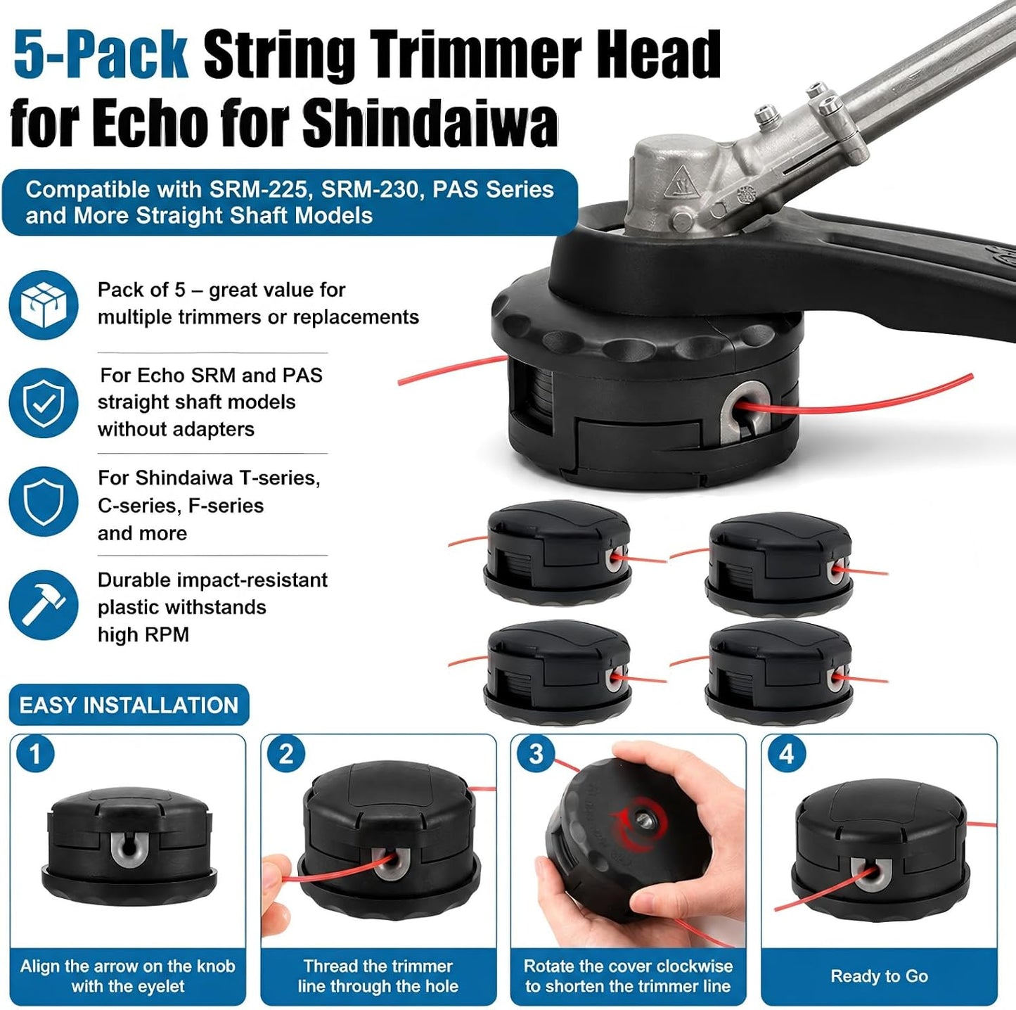 Trimmer Head for Echo Weed Eater PAS210 PAS211 PAS225 PAS230 for Echo Speed Feed 400 SRM210 SRM211 SRM225 SRM230 for SHINDAIWA C230 C242 C2510 5PCS