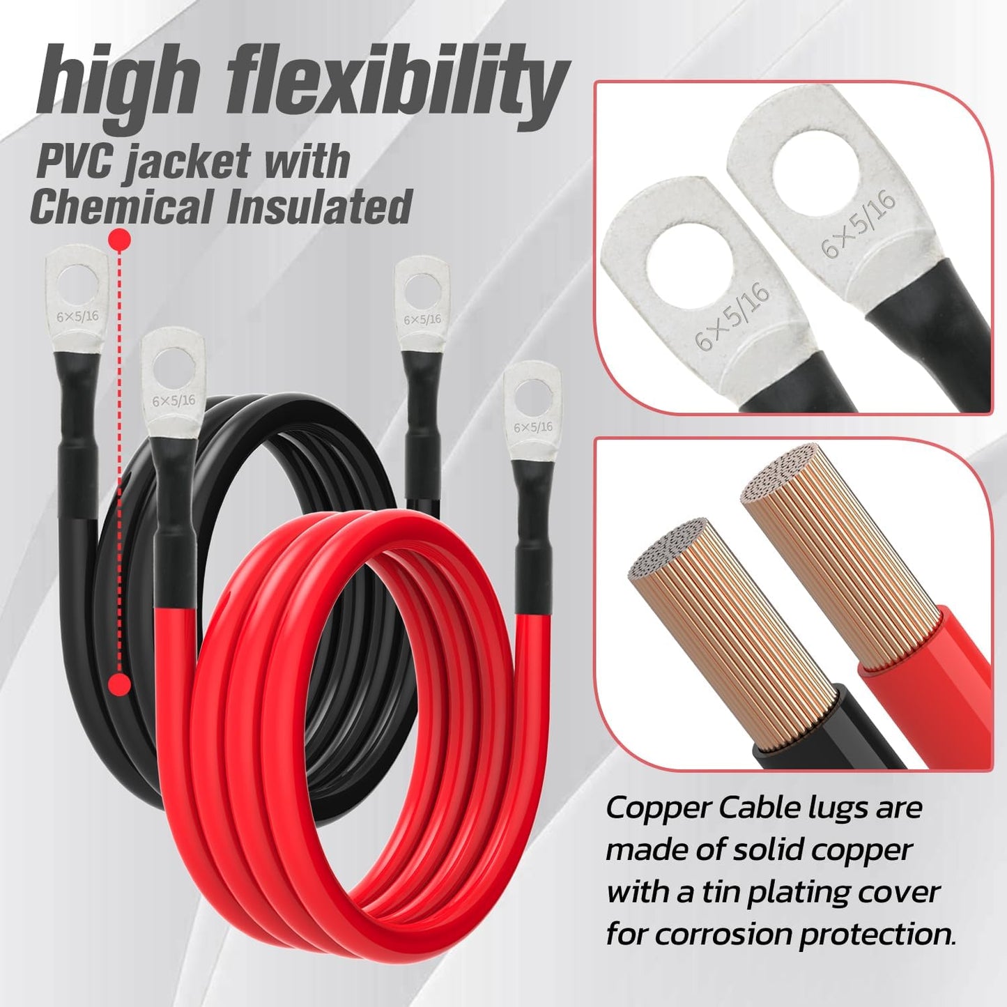 6 AWG Battery Cable 6AWG Gauge Battery Inverter Cables for Automotive Solar Marine Boat RV Car Motorcycle (6 AWG, 7FT, 5/16")