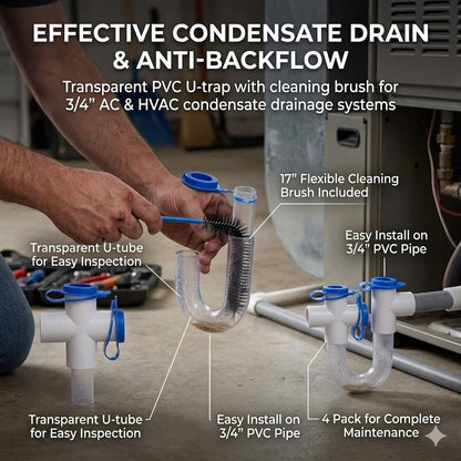 3/4" Standard Condensate Trap with 17" Cleaning Brush PVC Transparent U Trap for HVAC Systems, Air Conditioner, Effectively Drains Condensate(6PCS)