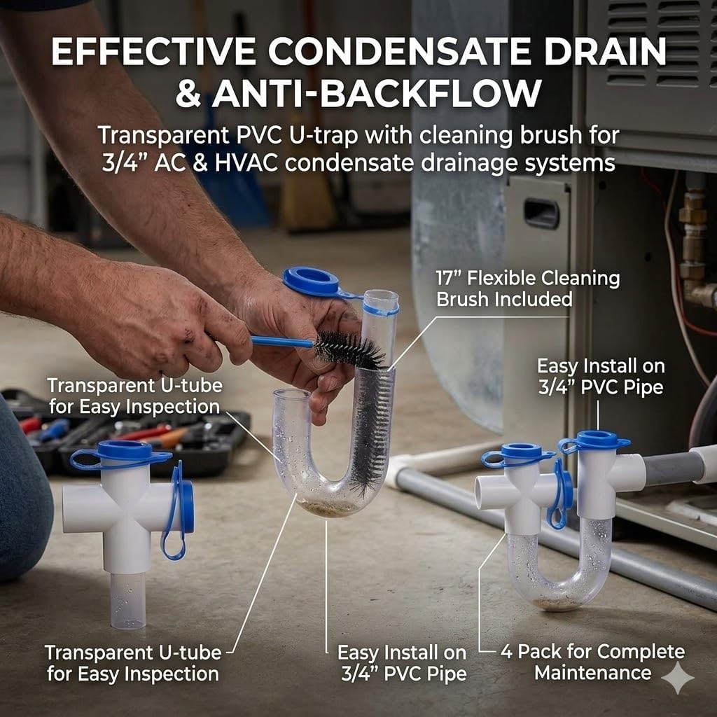 3/4" Standard Condensate Trap with 17" Cleaning Brush PVC Transparent U Trap for HVAC Systems, Air Conditioner, Effectively Drains Condensate (15Pack)