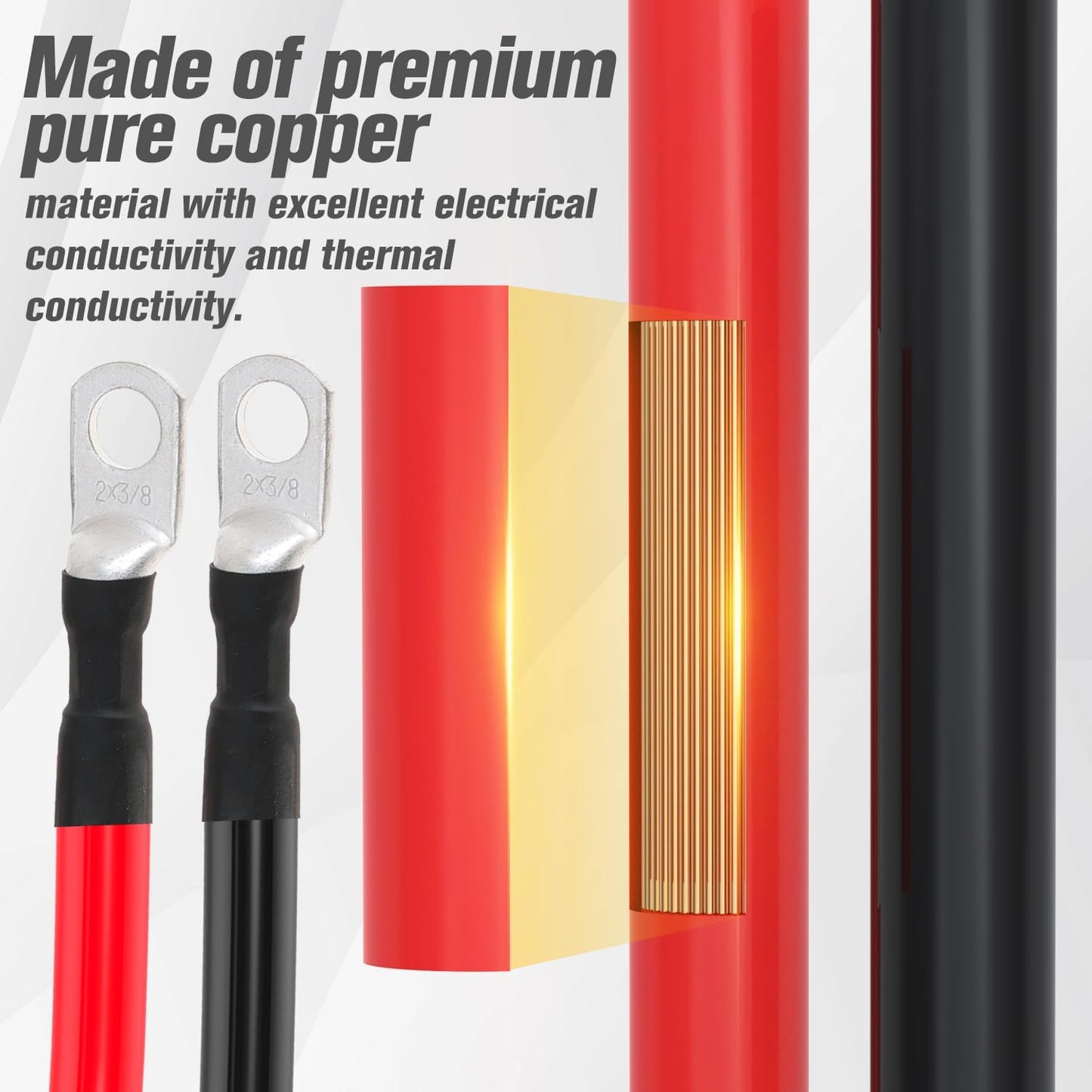 2 AWG Battery Cable 2AWG Gauge Battery Inverter Cables for Automotive Solar Marine Boat RV Car Motorcycle (2 AWG, 1FT, 3/8")