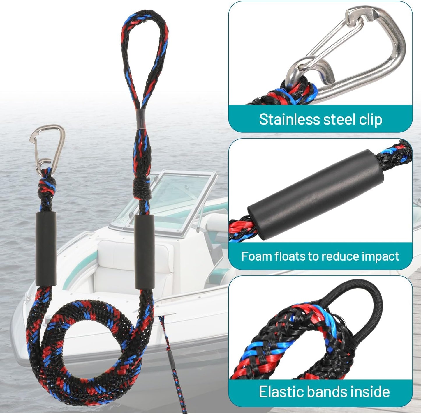 Boat Bungee Dock Lines Marine Mooring Rope with Stainless Steel Clip Bungee Cord Docking Lines for Boat Bungee Docking Ropes for Kayak,Pontoon,Canoe (Red Black Blue-2)