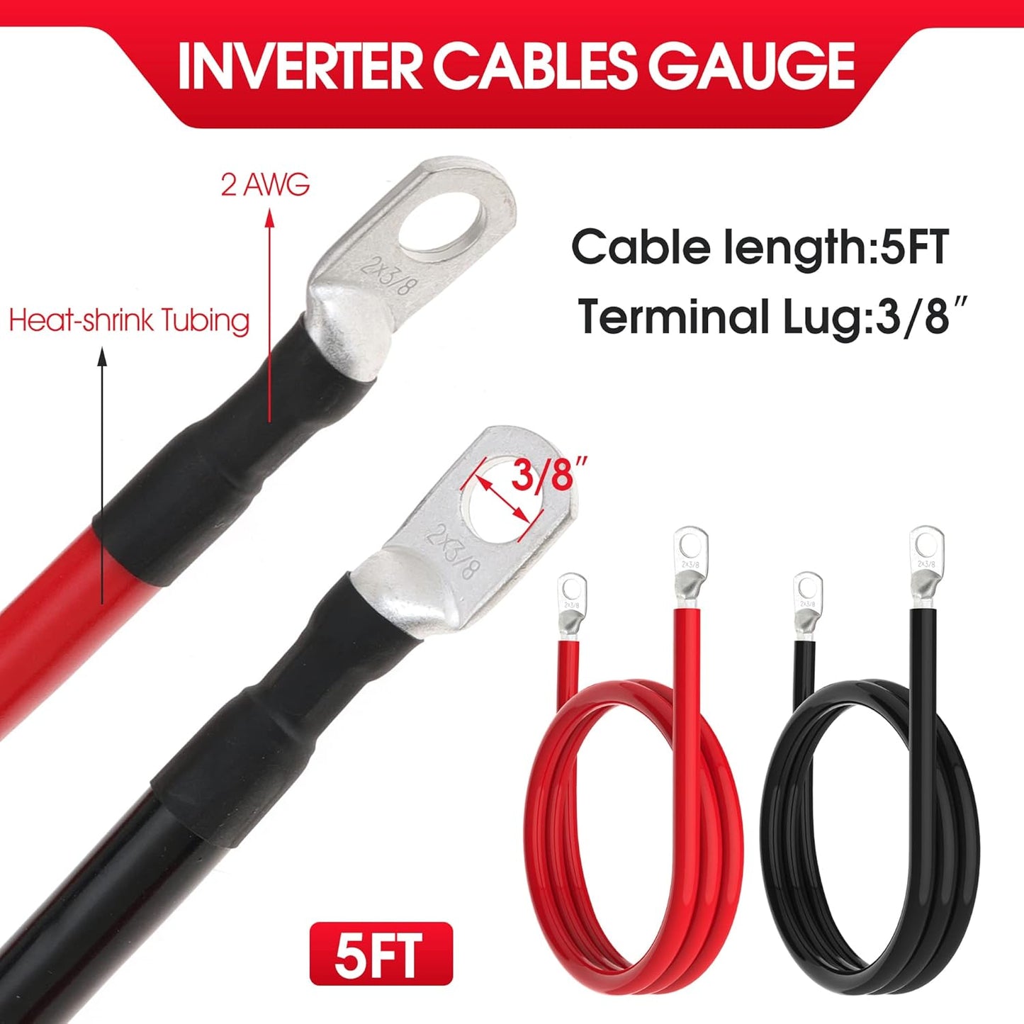 2 AWG Battery Cable 2AWG Gauge Battery Inverter Cables with 3/8 in Lugs Pure Copper Power Inverter Wire Set for Solar Marine Boat RV Car Motorcycle 2pcs (5FT)