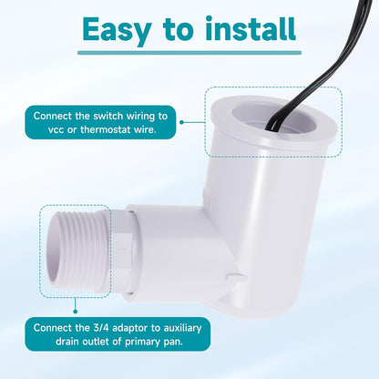 Float Switch SS2 L-Shape with 3/4 Inch Adaptor and 6Ft Wire Water Float Switch for HVAC Drain Pan Condensate Outlet (10Pack)