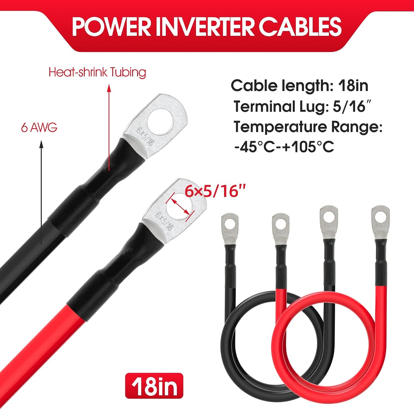 6 AWG Battery Cables 6 Gauge Battery Power Inverter Cable with 5/16 Inch Tinned Copper Lugs Both Ends for Solar Marine Boat RV Car Motorcycle 2 pcs (18 in)