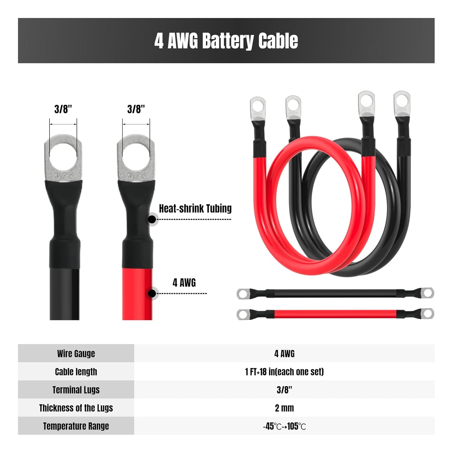 4 AWG Battery Cable 4 Gauge Battery Cables 4AWG Battery Power Inverter Wires Cables with 3/8 inch Lugs for Solar Systems, RVs, Campers, Travel Trailers, Cars (1FT + 18in)