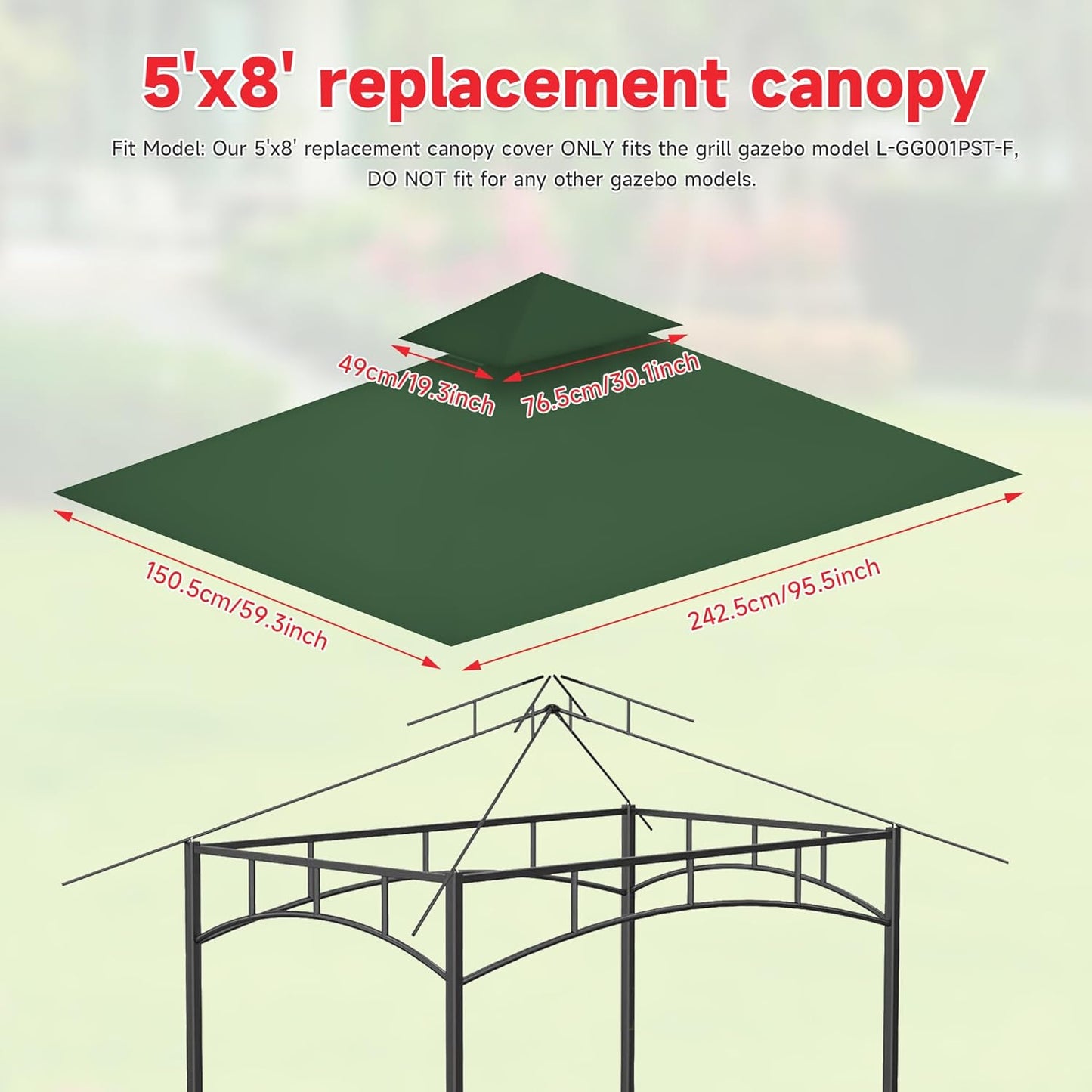 Gazebo Canopy Replacement Top - Grill Gazebo Replacement Canopy Roof – 5x8 Outdoor Grill Shelter Canopy Top Double Tiered BBQ Tent Cover (Green)