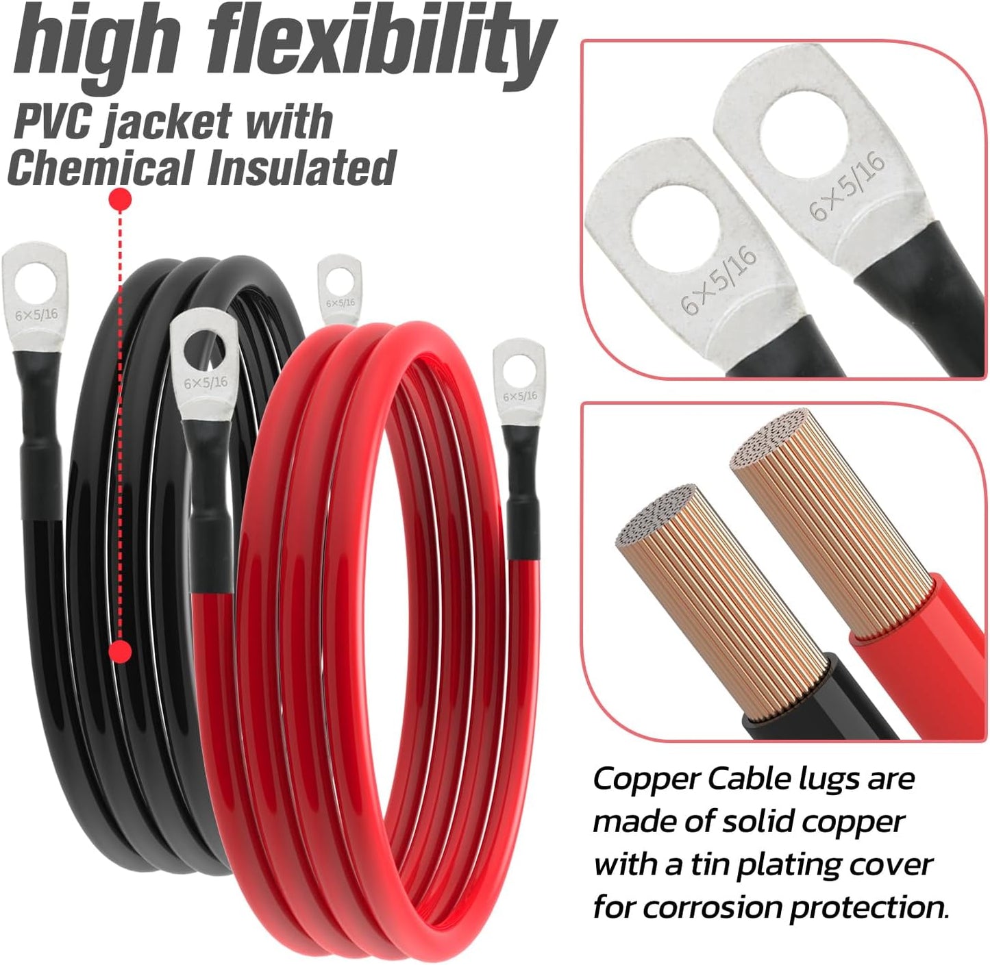 6 AWG Battery Cable 6AWG Gauge Battery Inverter Cables for Automotive Solar Marine Boat RV Car Motorcycle (6 AWG, 5FT, 5/16")