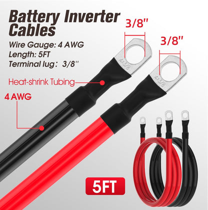 4 AWG Battery Cable 4AWG Gauge Battery Inverter Cables for Automotive Solar Marine Boat RV Car Motorcycle (4 AWG, 5FT, 3/8")