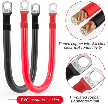 2 AWG Battery Cable 2 Gauge Battery Inverter Cables with 3/8 in Lugs Pure Copper Power Inverter Wire Set for Solar Marine Boat RV Car Motorcycle (1FT, 1 red +1 black cable)