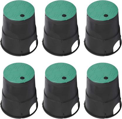 6 in Round Sprinkler Valve Box and Cover, 9" Height Irrigation Valve Box Base Extension for Garden Yard Outdoor Lawn Grassland Ground Farm, with Green Overlapping Cover (Valve Box - 6 Sets)