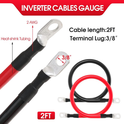 2 AWG Battery Cable 2AWG Gauge Battery Inverter Cables with 3/8 in Lugs Pure Copper Power Inverter Wire Set for Solar Marine Boat RV Car Motorcycle 2pcs (2FT)