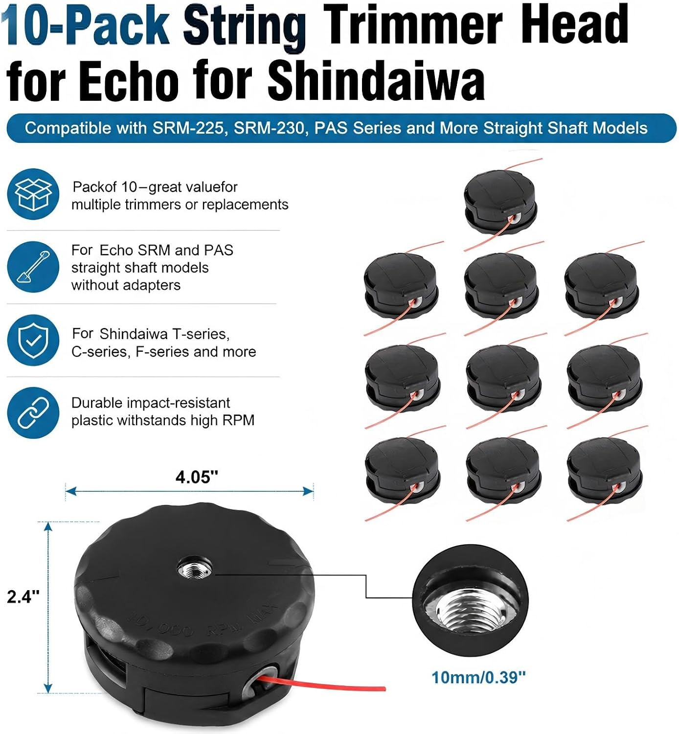 Trimmer Head for Echo Weed Eater PAS210 PAS211 PAS225 PAS230 for Echo Speed Feed 400 SRM210 SRM211 SRM225 SRM230 for SHINDAIWA C230 C242 C2510 10PCS