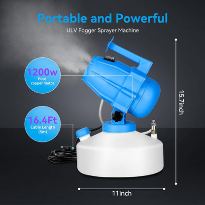 5L (1.3 Gallon) Electric ULV Fogger Machine with 3 Nozzles, Portable Sprayer Cold Fogger with 30ft Adjustable Spray Distance