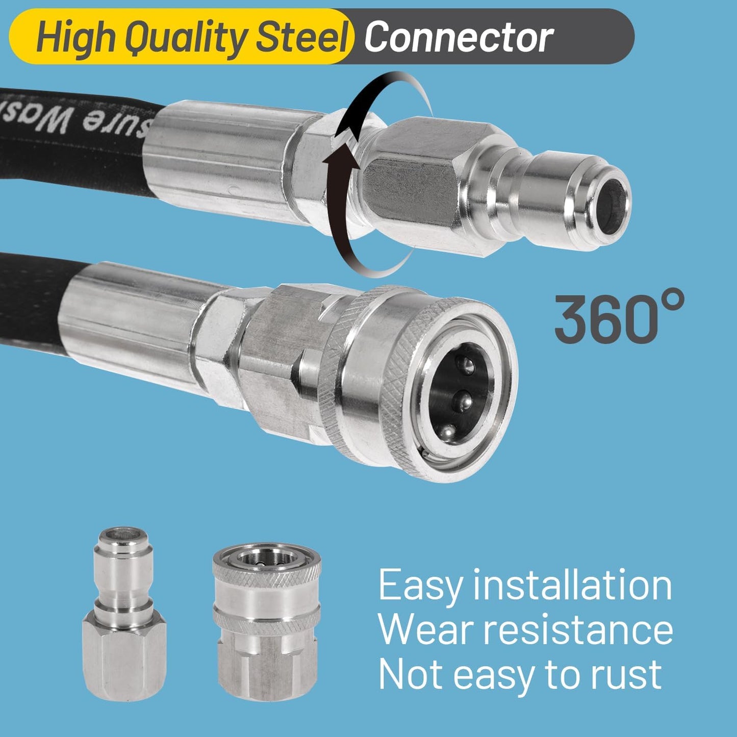 Pressure Washer Whip Hose Power Washer Jumper Hose for Pressure Washing with Steel Connector 3/8 Inch NPT Quick Connect Plug Hose Reel Connector Hose, 4000 PSI, 9FT, 1PCS