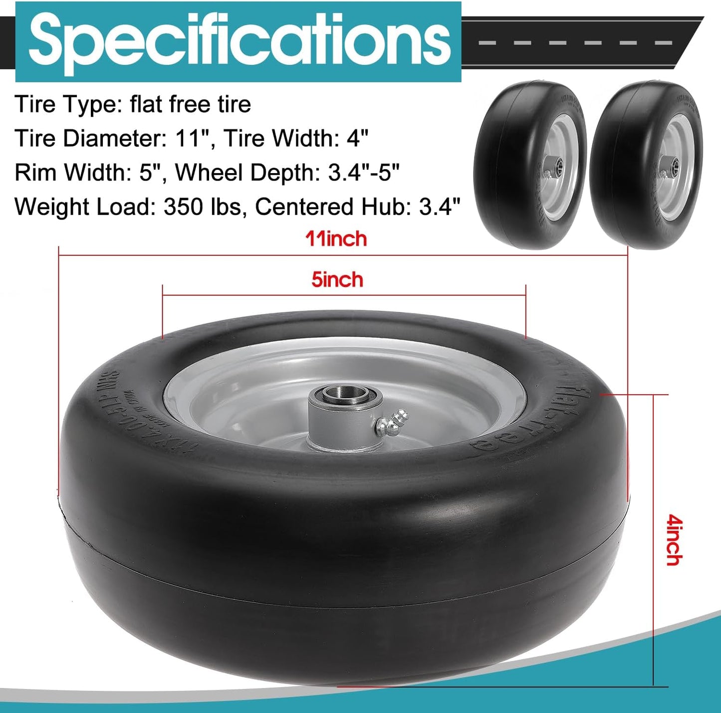 11x4.00-5" Front Wheel Flat Free Mower Tire, Solid Smooth Tire for John Deere for Craftsman for Toro Zero Turn Lawn Mower with 3.4"-5" Center Hub and 3/4" 5/8" 1/2" Precision Bearings (Silver-1pc)