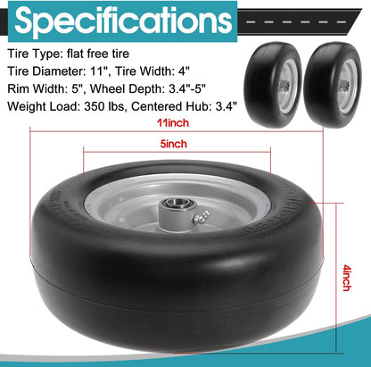 11x4.00-5" Front Wheel Flat Free Mower Tire, Solid Smooth Tire for John Deere for Craftsman for Toro Zero Turn Lawn Mower with 3.4"-5" Center Hub and 3/4" 5/8" 1/2" Precision Bearings (Silver-1pc)