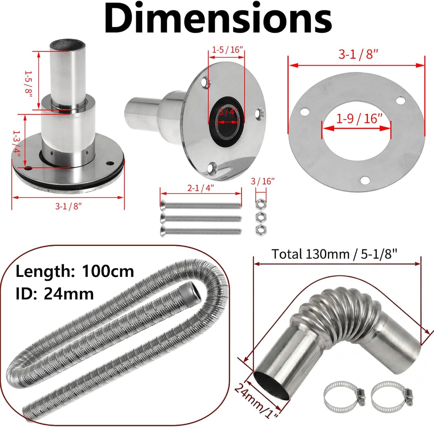 100cm 24mm Exhaust Pipe for Diesel Heater, 1 Inch ID Generator Exhaust Extension with Thru Hull Exhaust Skin and Tube Elbow Connector