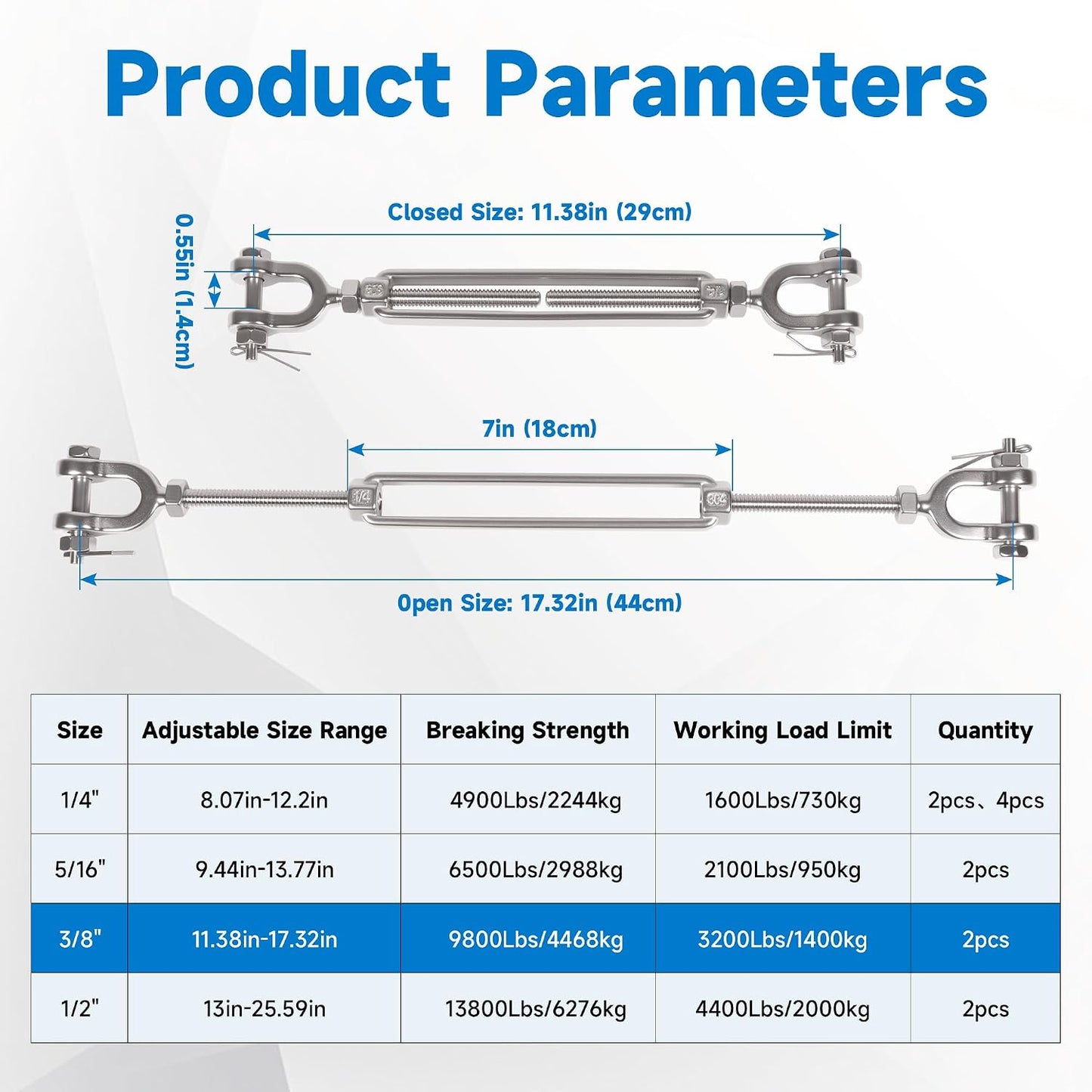 1/4" 304 Stainless Steel Jaw and Jaw Turnbuckle, Adjustable Small Turnbuckle Tensioner, Cable Tensioner, 1140 LBS Working Load Limit, Turnbuckles for Cables Wire Clothesline Shade Sail (M10-3/8-2pcs)