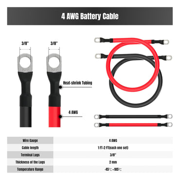 4 AWG Battery Cable 4 Gauge Battery Cables 4AWG Power Inverter Wires Cables with 3/8 inch Lugs for Solar Systems, RVs, Campers, Travel Trailers, Cars (1FT + 2FT)