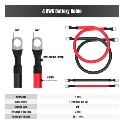 4 AWG Battery Cable 4 Gauge Battery Cables 4AWG Power Inverter Wires Cables with 3/8 inch Lugs for Solar Systems, RVs, Campers, Travel Trailers, Cars (1FT + 2FT)