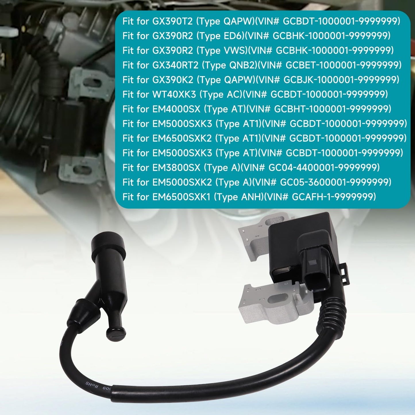 Ignition Coil 30500-Z5T-003 4 pin Connector for Honda GX390 GX340 Replace 30500-Z5R-003 30500Z5T003 Four Prong Connector Coils, with Spark plug and 0.4 Feeler Gauge