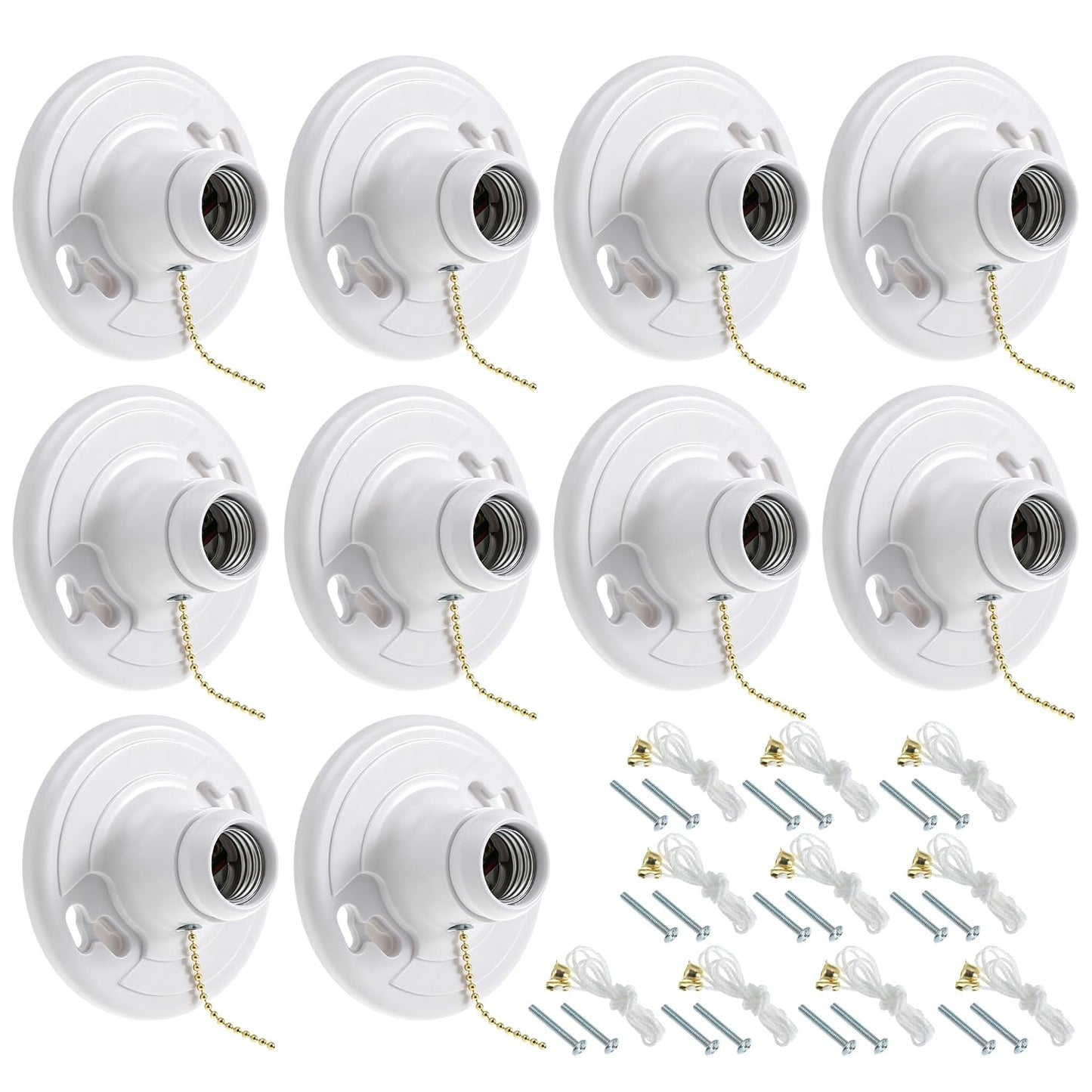 10 Pack for E26 Light Base Socket with Pull Chain Keyless Lamp Base Holder White Ceiling Bulb Socket 660W Outlet Box Mount for Incandescent for LED for Fluorescent Bulbs Indoor Outdoor Use