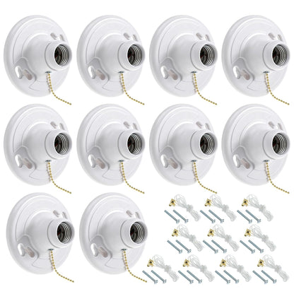 10 Pack for E26 Light Base Socket with Pull Chain Keyless Lamp Base Holder White Ceiling Bulb Socket 660W Outlet Box Mount for Incandescent for LED for Fluorescent Bulbs Indoor Outdoor Use