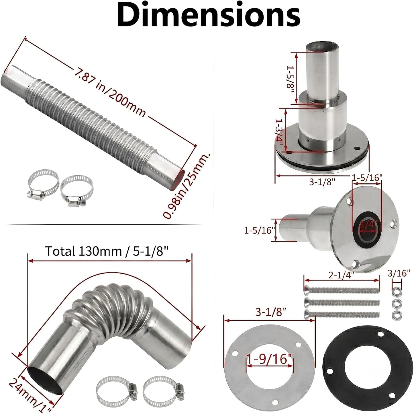 7.87 Inch Straight Corrugated Exhaust Pipe 24mm ID for Generator with Thru Hull Fitting and Elbow Connector