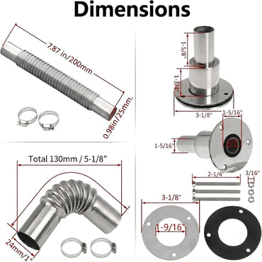 7.87 Inch Straight Corrugated Exhaust Pipe 24mm ID for Generator with Thru Hull Fitting and Elbow Connector