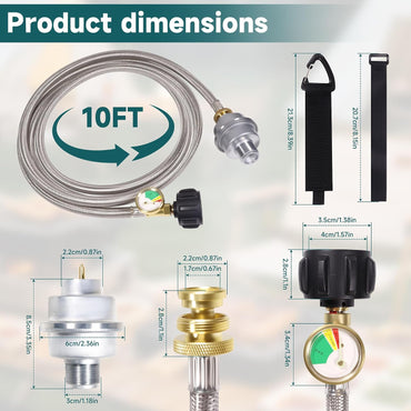 10FT Propane Fuel Filter F273699 and Gauge with QCC1/Type1 Propane Adapter for Mr Heater for Buddy for Big B-uddy Stainless Braided Hose and Detachable Filter