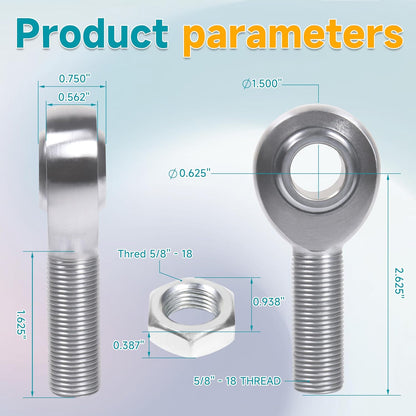 5/8" Heim Joints Rod End Kit Thread 0.625" Chromoly Heim Joints Suspension Kit Right and Left Hand Traction Bars Steering Kit with Round Tube Adapter Jam Nuts (2 set-5/8 inch)