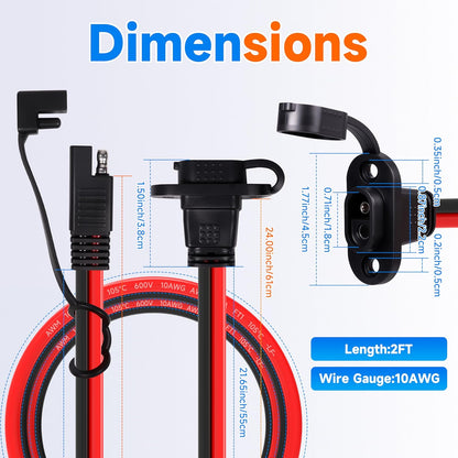 2FT 10AWG SAE Quick Connector Harness, 10 AWG 10 Gauge SAE Power Socket Sidewall Port Connector Male to Female Socket Cable with Dust Cover for Solar Panel, Generator, Battery Charger (10AWG 2FT)
