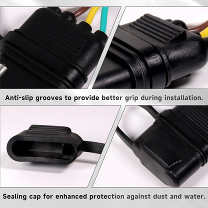 16 AWG 1FT 4-Pin Flat Trailer Wiring Harness with 4 Way to 4 Way Male and Female Connector 16 Gauge 4 to 4 Trailer Extension Wire with Dust Cover for Trailer and Vehicle, Black, 4-16G-1FT