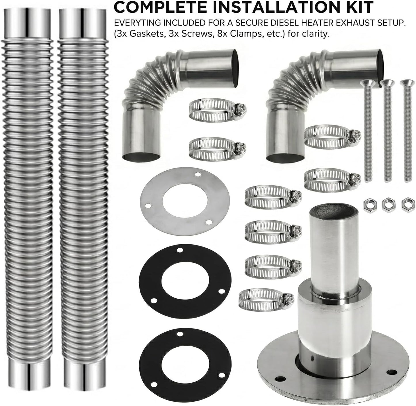 7.87 Inch Straight Corrugated Exhaust Pipe 24mm ID for Generator with Thru Hull Fitting and Elbow Connector