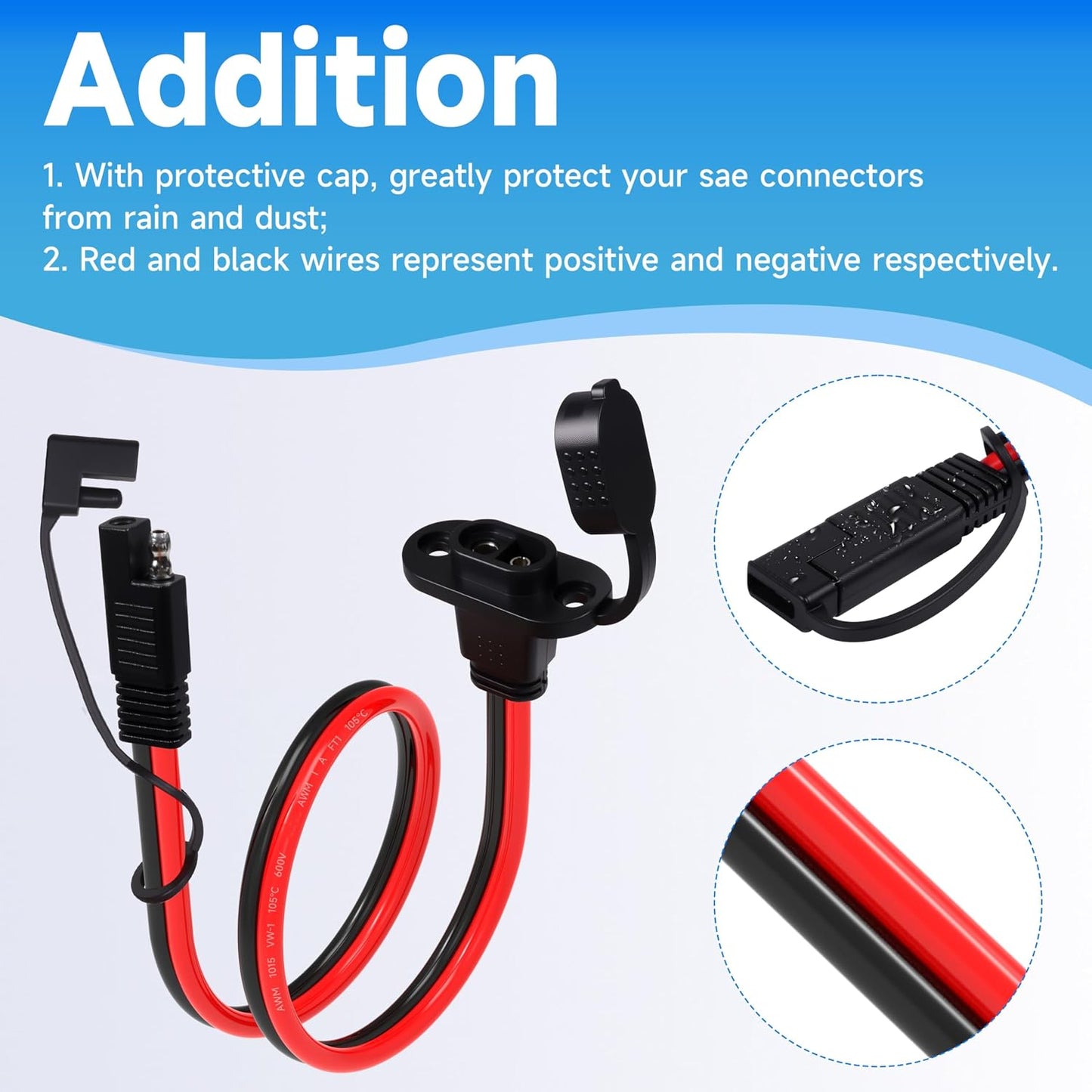 2FT 12AWG SAE Quick Connector Harness, 12 AWG 12 Gauge SAE Power Socket Sidewall Port Connector Male to Female Socket Cable with Dust Cover for Solar Panel, Generator, Battery Charger (12AWG 2FT)