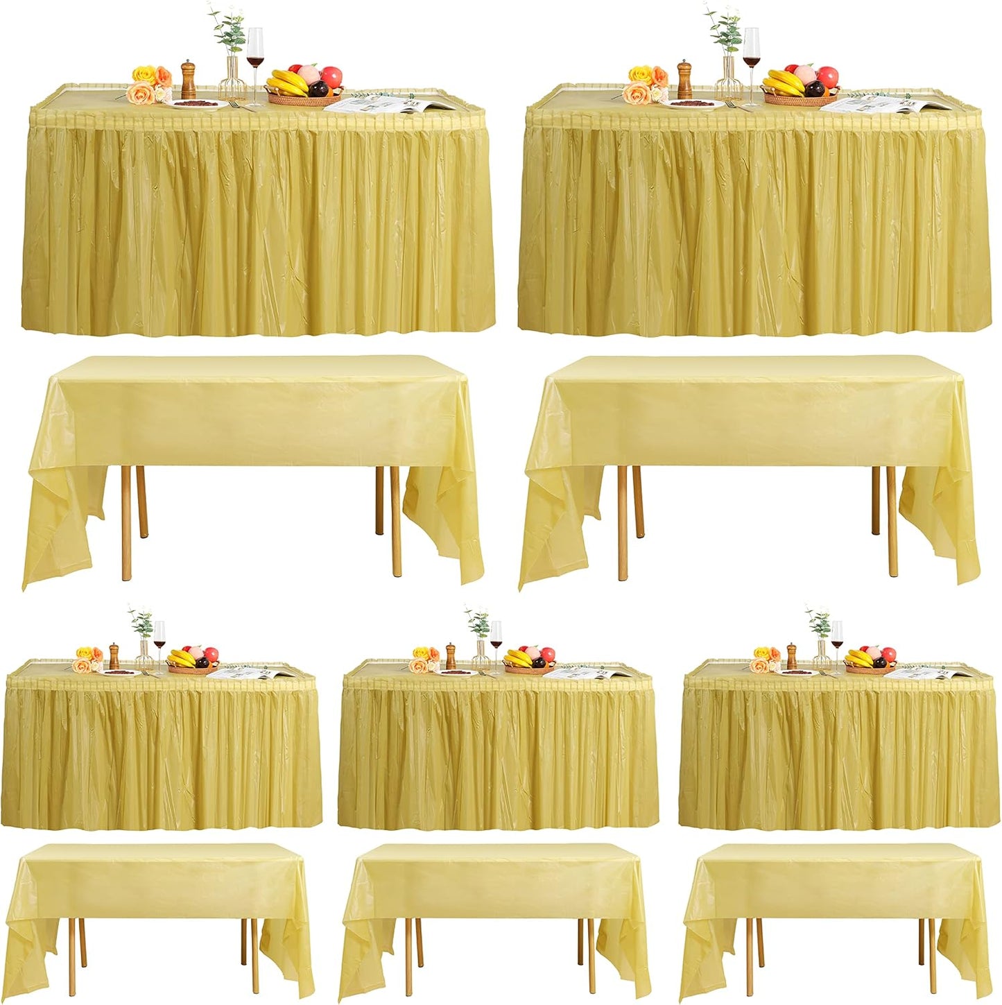 frtzal 5 Pack Plastic Table Skirts for Rectangle Tables with 5 Pack Table Cloths, 14 Ft Blue Tableskirts and 54" x 108" Tablecloths, Disposable Tablecloth Skirt Table Covers for Party Birthday (Gold)