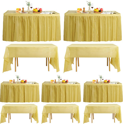 frtzal 5 Pack Plastic Table Skirts for Rectangle Tables with 5 Pack Table Cloths, 14 Ft Blue Tableskirts and 54" x 108" Tablecloths, Disposable Tablecloth Skirt Table Covers for Party Birthday (Gold)