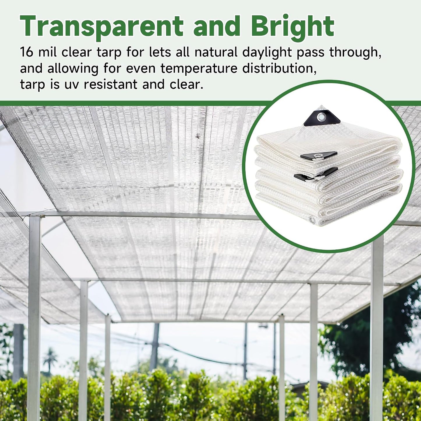 16Mil Greenhouse Cover, 14x18 FT Clear Heavy Duty Greenhouse Tarp, UV Resistant Waterproof Green House Plastic Covering with Grommets for Garden, Farms, Nursery (Cover-GRH-12X24FT)