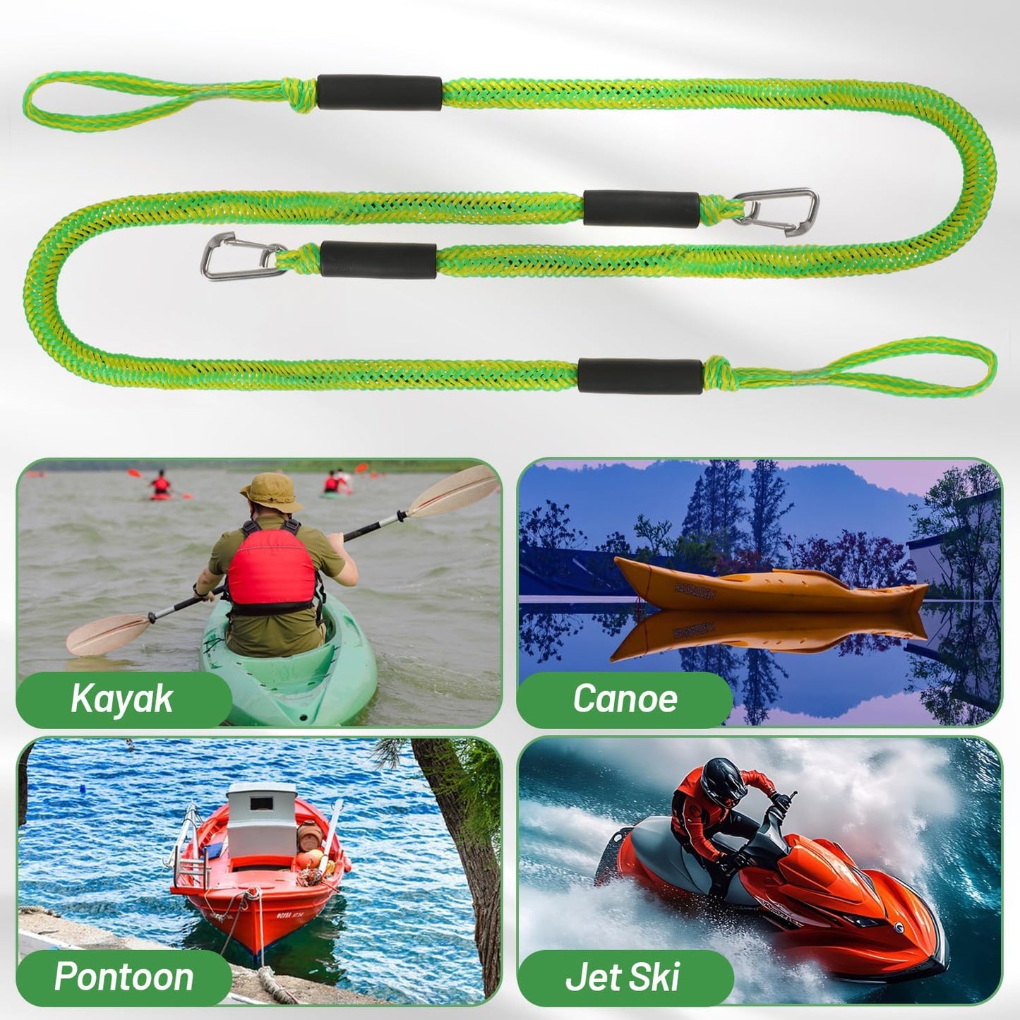 Boat Bungee Dock Lines Marine Mooring Rope with Stainless Steel Clip Bungee Cord Docking Lines for Boat Bungee Docking Ropes for Kayak,Pontoon,Canoe (Green-2)